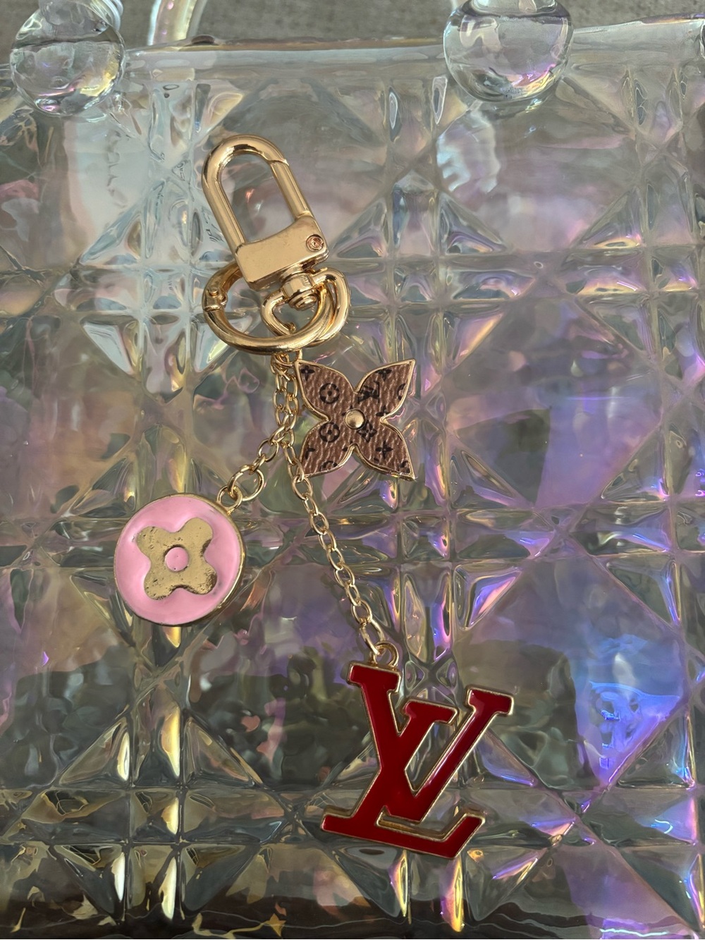 Gold-Tone Key Charm with LV Pink and Red Accents - Picture 2 of 4